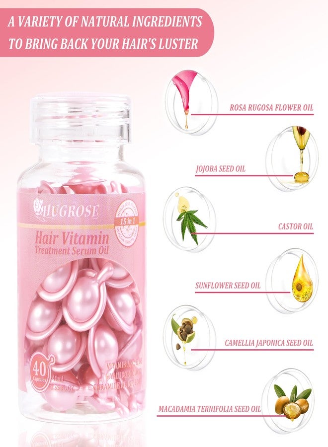 HUGROSE Hair Treatment Serum 40 Capsules, Hair Vitamins A C E Pro B5 - Hair Serum for Frizzy and Damaged Hair, Hair Oil with Rosa Rugosa Flower, Jojoba & Macadamia Seed - Leave in Conditioner for Women & Men - Image 4